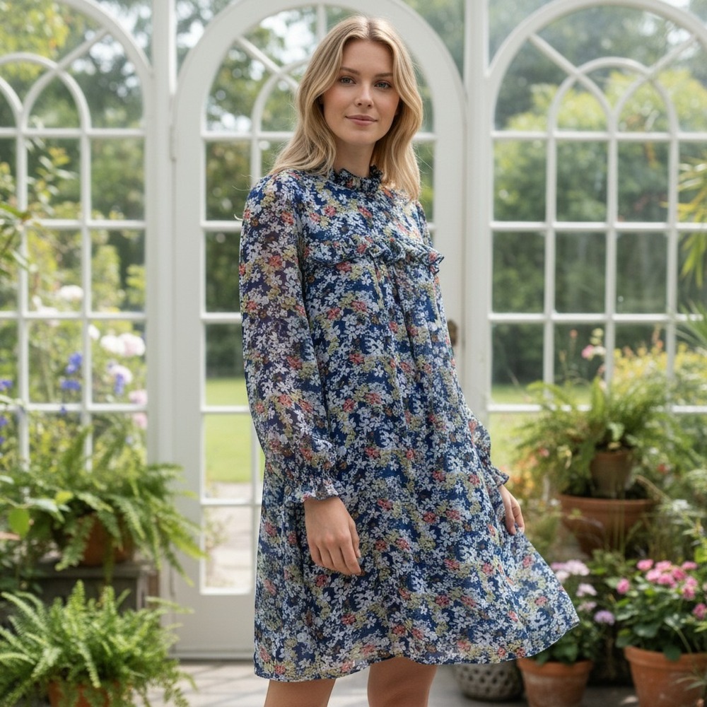 Floral Print Long Sleeve Mini Dress Blue Cottagecore Boho Bohemian Sz S /#8031